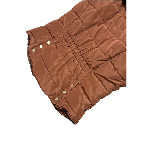 H&M Bronze Brown Puffer Vest Sleeveless Jacket Size Small Faux Fur Collar Zipper - Picture 7 of 7